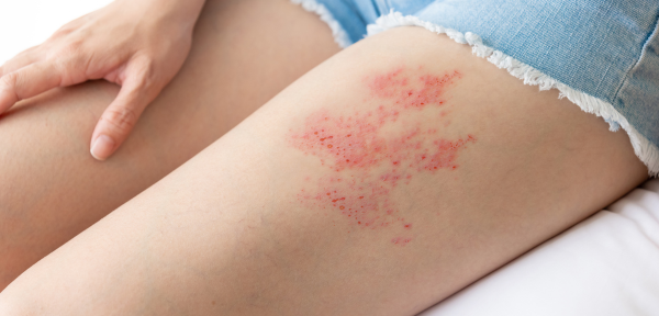 femme atteinte d'un zona sur le dessus de la cuisse