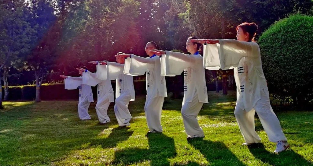 Séance de Qi Gong dans un parc en Chine, pratique ayant de fortes similitudes avec le magnétisme occidental